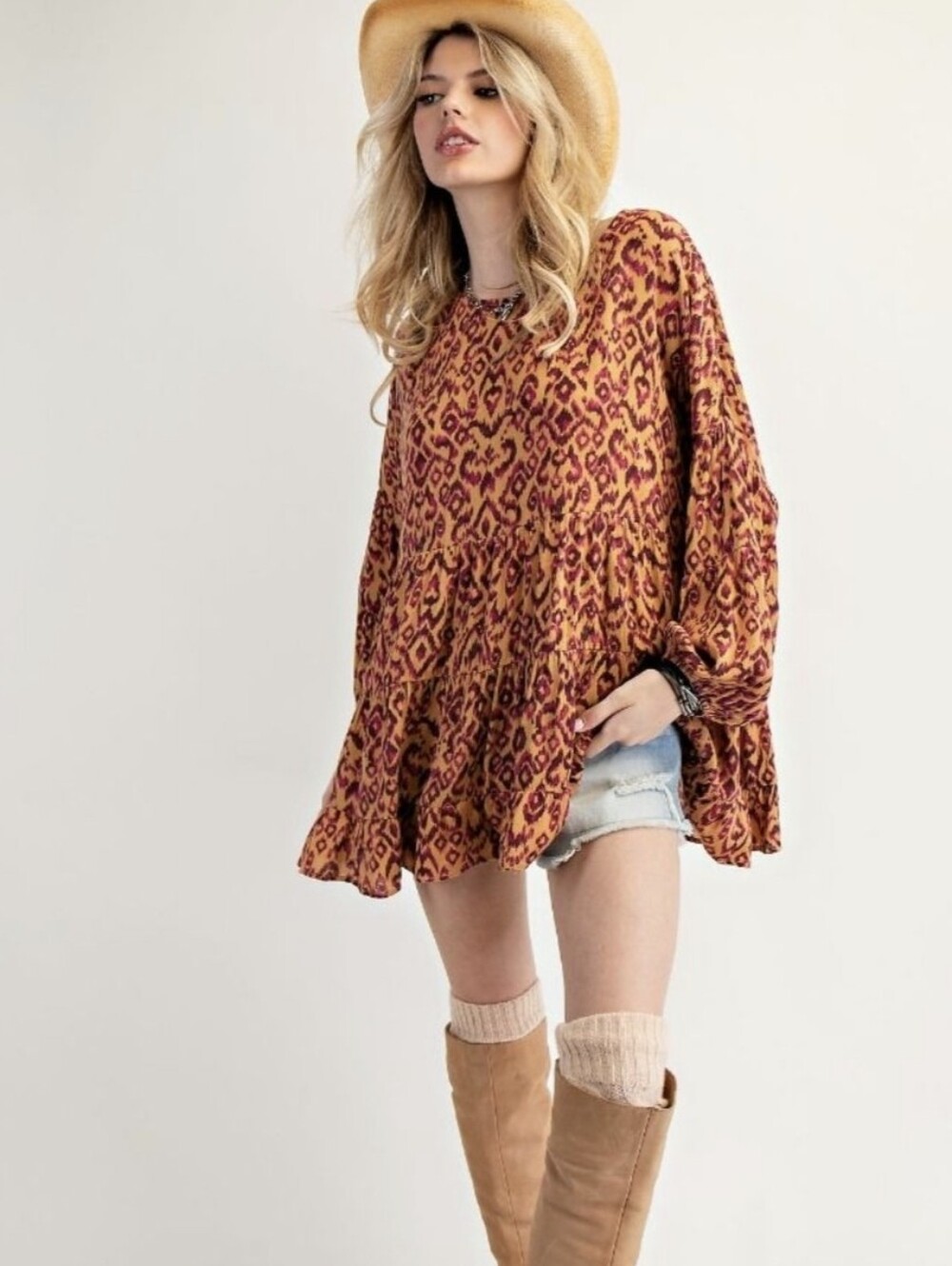 Easel Camel Printed Rayon Gauze Babydoll Tunic | Oversized Boho Top | Small NWT